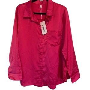 OMSJ Women's Button Down Shirts Satin Long Sleeve Shirt Pink Size L